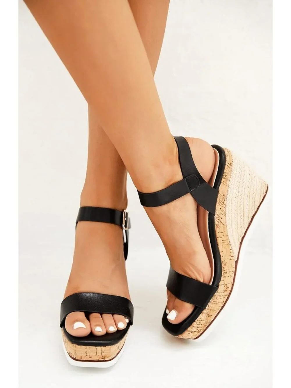Women's Black Espadrille Wedge Platform Sandal Open Toe Ankle Buckle Strap Shoes